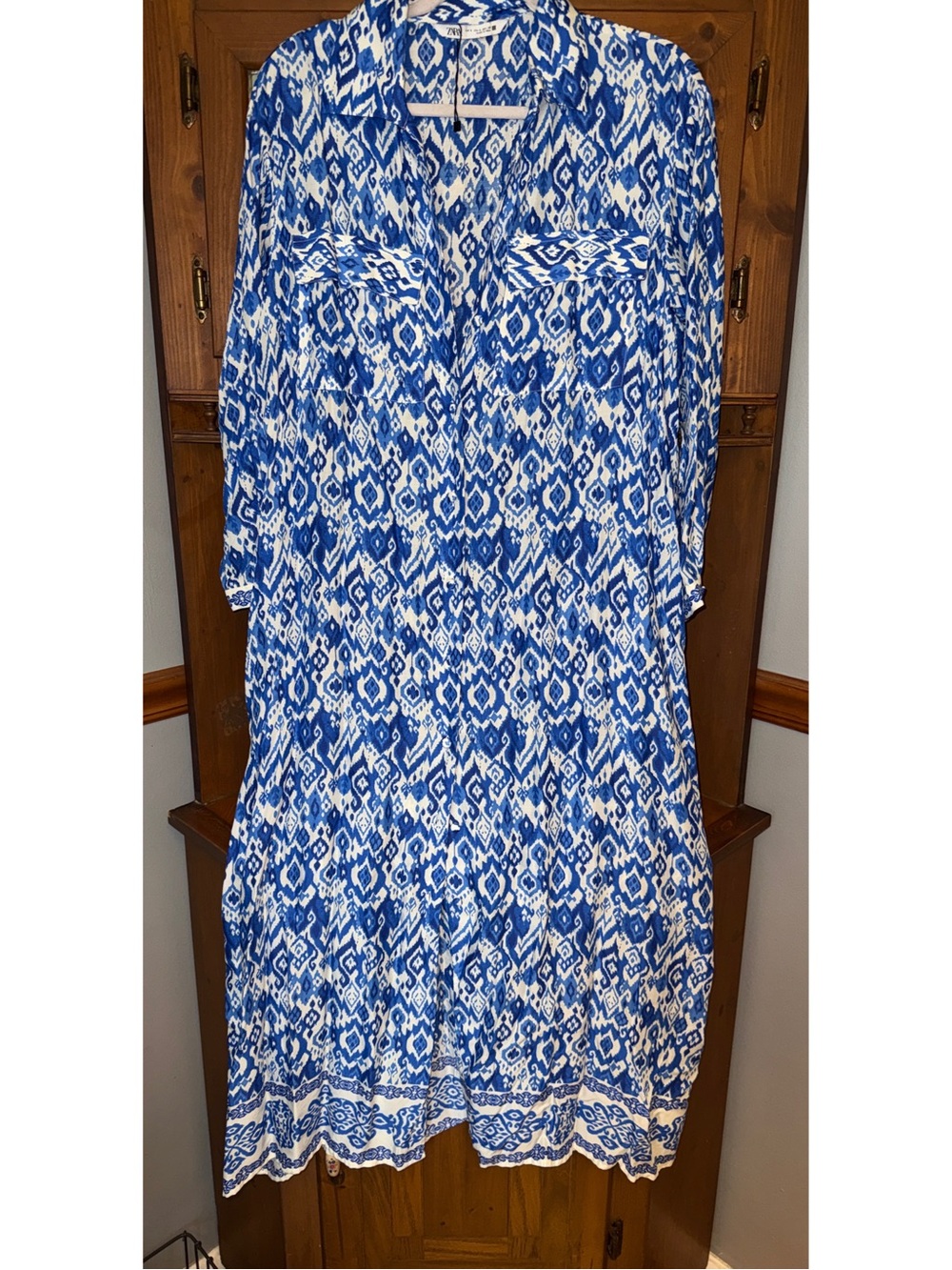 Zara Blue Ikat Printed Button-Front Modal Maxi Shirt Dress /duster Size S NWT
